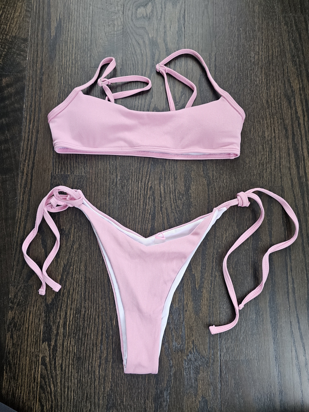 SHEIN Pink Ribbed Tie-Side Bikini Set